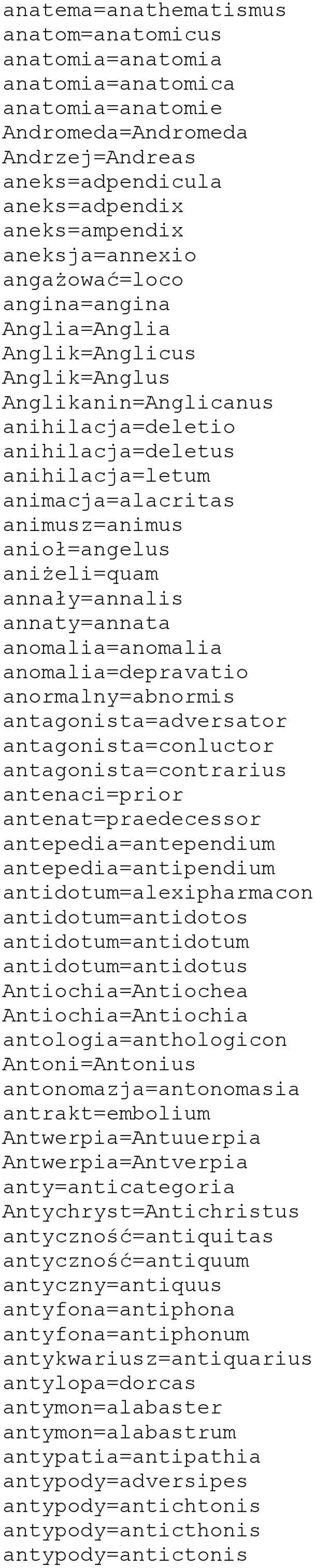 aniżeli=quam annały=annalis annaty=annata anomalia=anomalia anomalia=depravatio anormalny=abnormis antagonista=adversator antagonista=conluctor antagonista=contrarius antenaci=prior
