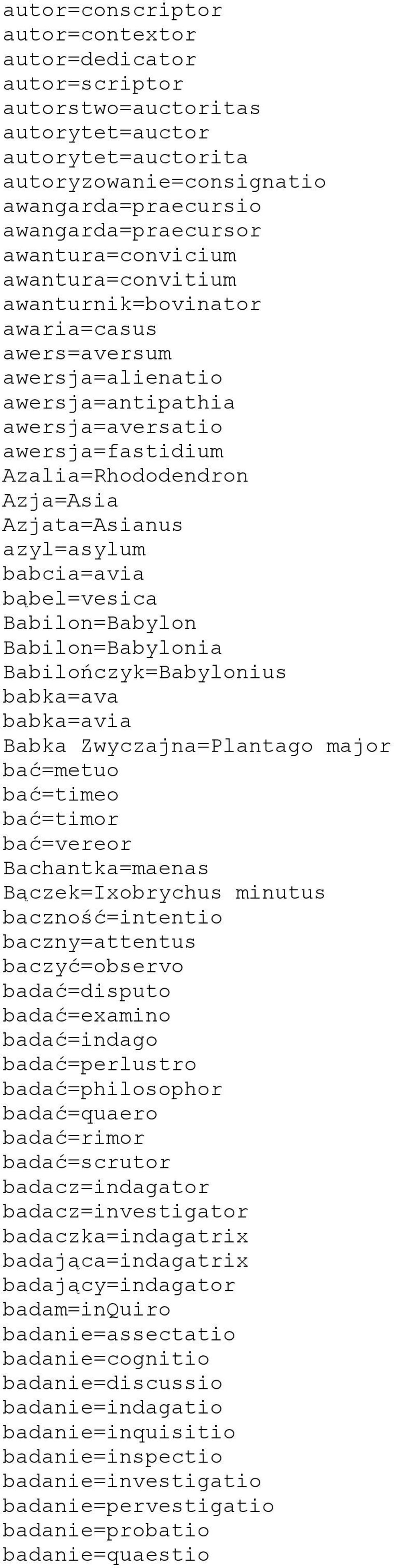 Azjata=Asianus azyl=asylum babcia=avia bąbel=vesica Babilon=Babylon Babilon=Babylonia Babilończyk=Babylonius babka=ava babka=avia Babka Zwyczajna=Plantago major bać=metuo bać=timeo bać=timor