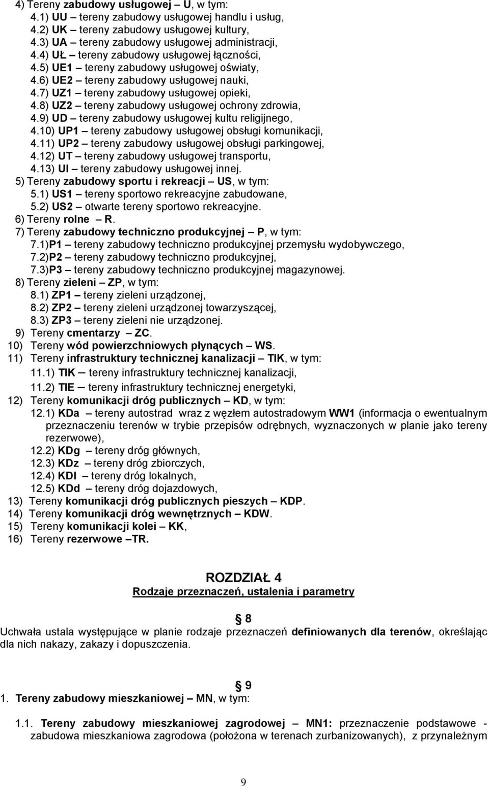 8) UZ2 tereny zabudowy usługowej ochrony zdrowia, 4.9) UD tereny zabudowy usługowej kultu religijnego, 4.10) UP1 tereny zabudowy usługowej obsługi komunikacji, 4.