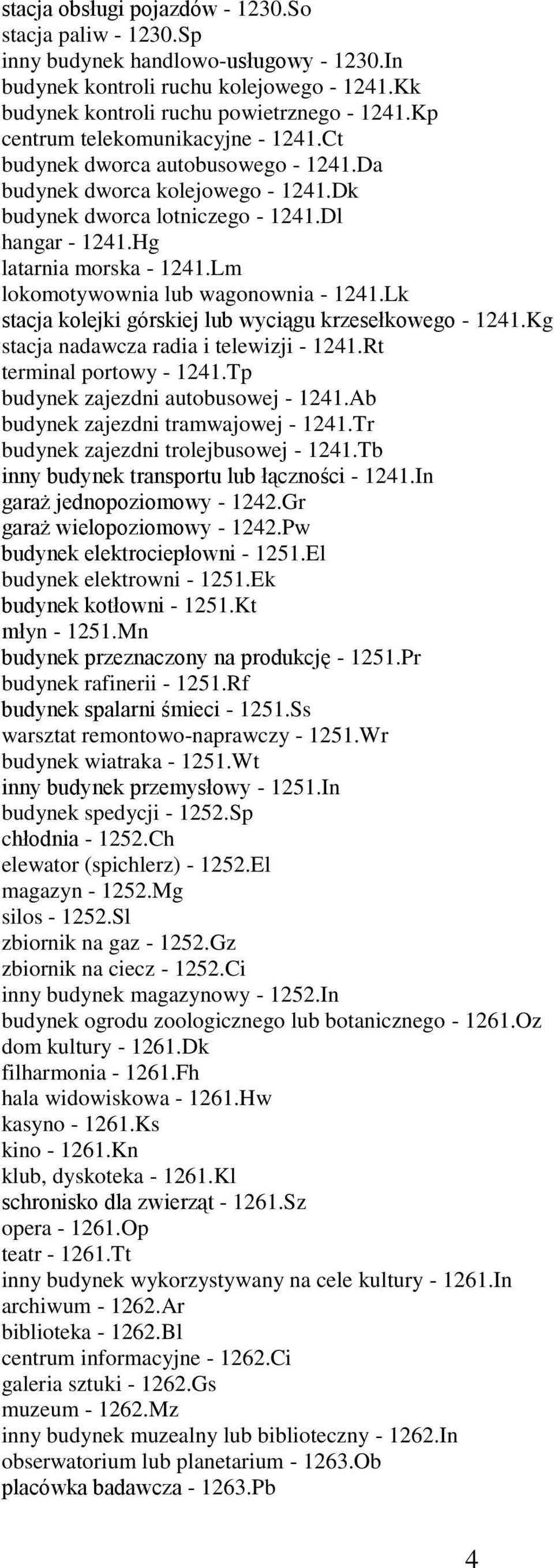 Lm lokomotywownia lub wagonownia - 1241.Lk stacja kolejki górskiej lub wyciągu krzesełkowego - 1241.Kg stacja nadawcza radia i telewizji - 1241.Rt terminal portowy - 1241.