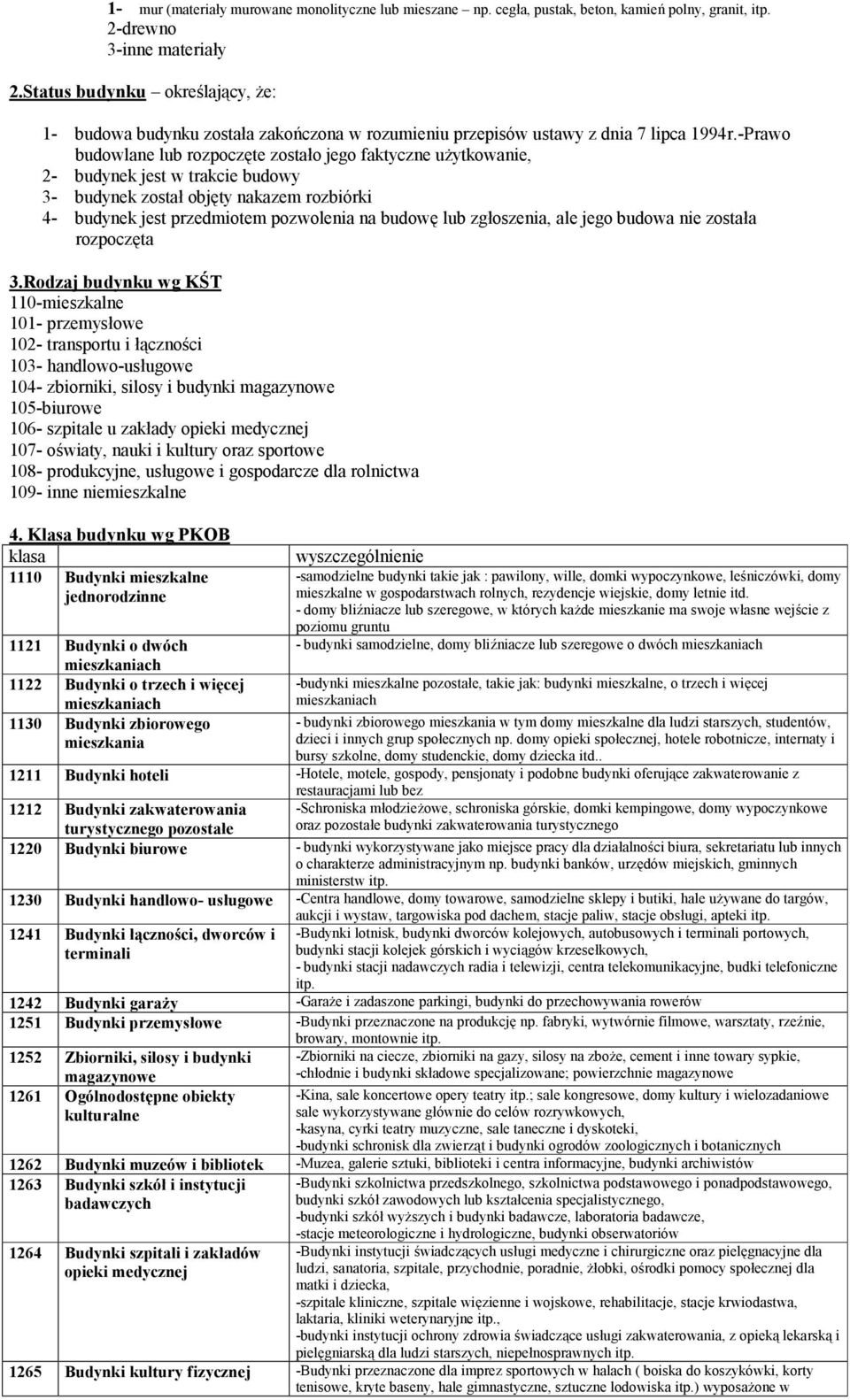 -Prawo budowlane lub rozpoczęte zostało jego faktyczne użytkowanie, 2- budynek jest w trakcie budowy 3- budynek został objęty nakazem rozbiórki 4- budynek jest przedmiotem pozwolenia na budowę lub