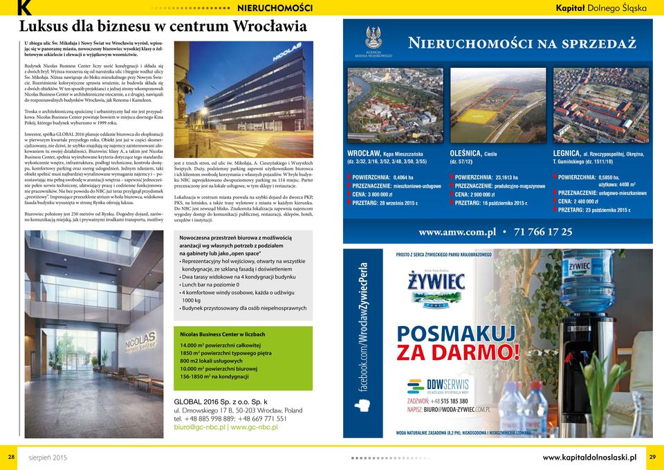 Nieruchomości na sprzedaż Budynek Nicolas Business Center liczy sześć kondygnacji i składa się z dwóch brył. Wyższa rozszerza się od narożnika ulic i biegnie wzdłuż ulicy Św. Mikołaja.