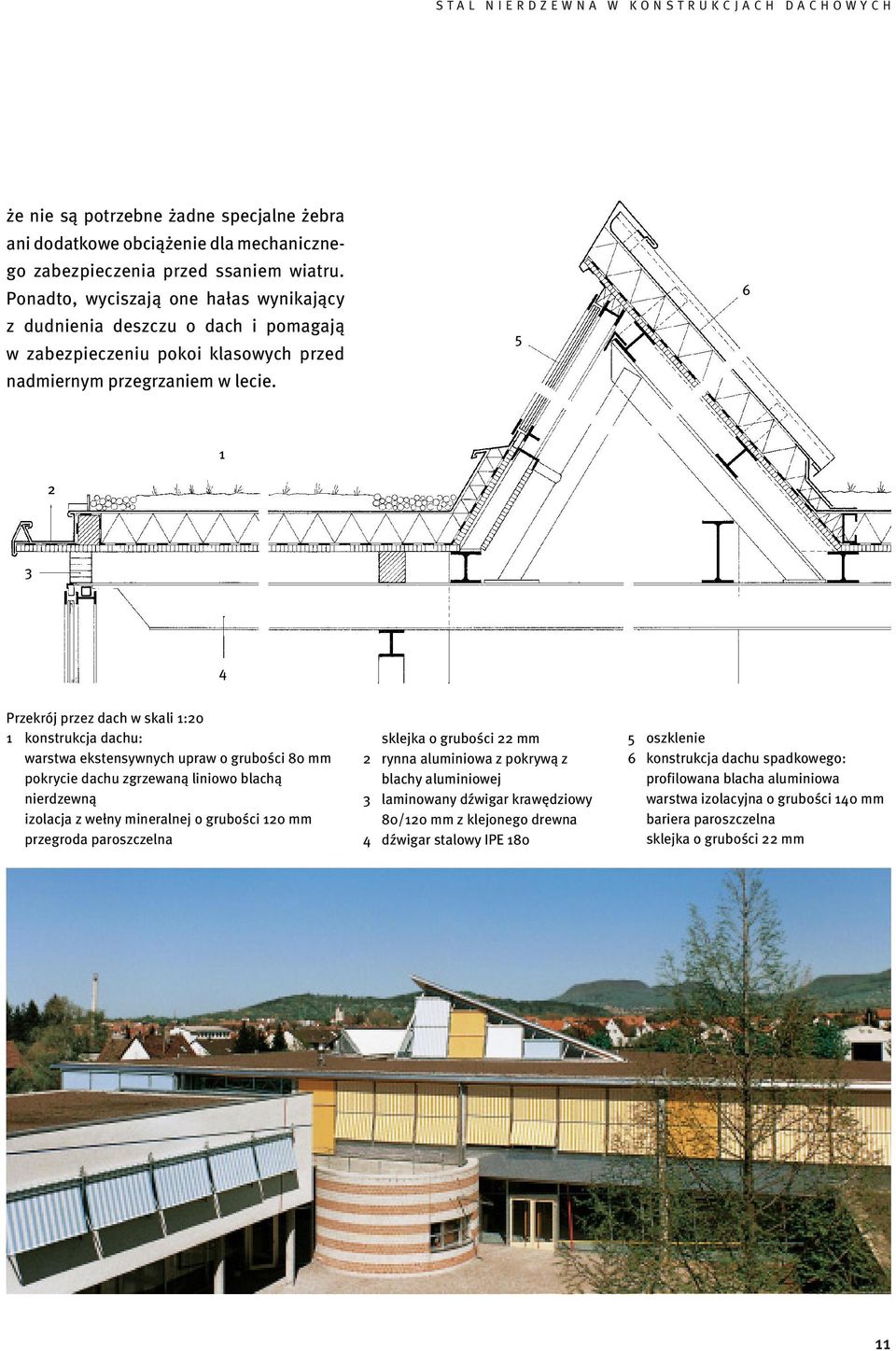 5 6 2 1 3 4 Przekrój przez dach w skali 1:20 1 konstrukcja dachu: warstwa ekstensywnych upraw o grubości 80 mm pokrycie dachu zgrzewaną liniowo blachą nierdzewną izolacja z wełny mineralnej o