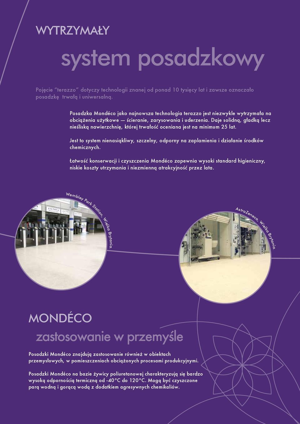 Daje solidną, gładką lecz nieśliską nawierzchnię, której trwałość oceniana jest na minimum 25 lat. Jest to system nienasiąkliwy, szczelny, odporny na zaplamienia i działanie środków chemicznych.