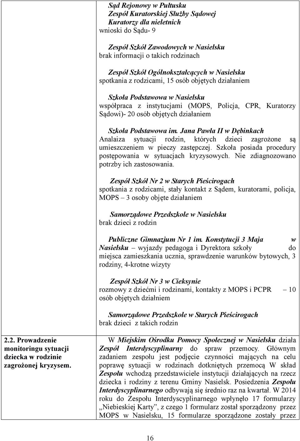 Jana Pawła II w Dębinkach Analaiza sytuacji rodzin, których dzieci zagrożone są umieszczeniem w pieczy zastępczej. Szkoła posiada procedury postępowania w sytuacjach kryzysowych.