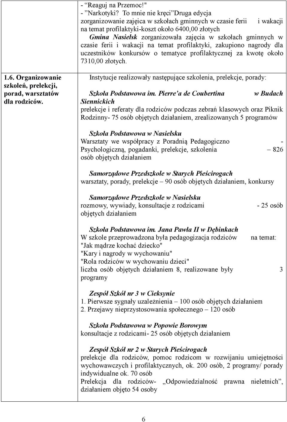 gminnych w czasie ferii i wakacji na temat profilaktyki, zakupiono nagrody dla uczestników konkursów o tematyce profilaktycznej za kwotę około 7310,00 złotych. 1.6.