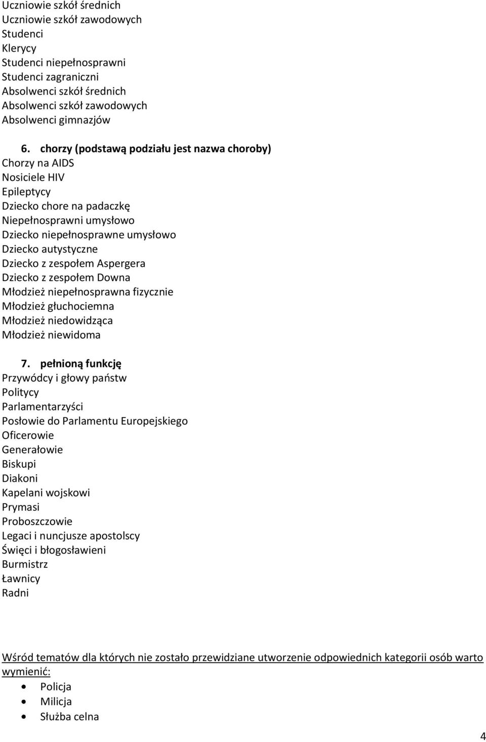 zespołem Aspergera Dziecko z zespołem Downa Młodzież niepełnosprawna fizycznie Młodzież głuchociemna Młodzież niedowidząca Młodzież niewidoma 7.