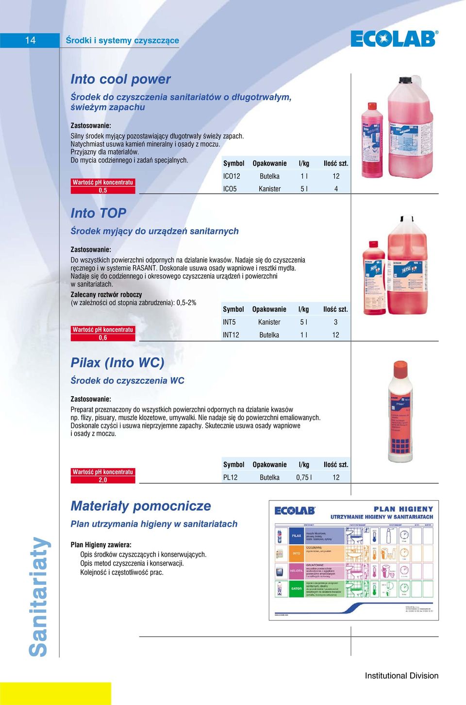 ICO12 Butelka 1 l 12 0,5 ICO5 Kanister 5 l 4 Into TOP Środek myjący do urządzeń sanitarnych Do wszystkich powierzchni odpornych na działanie kwasów.