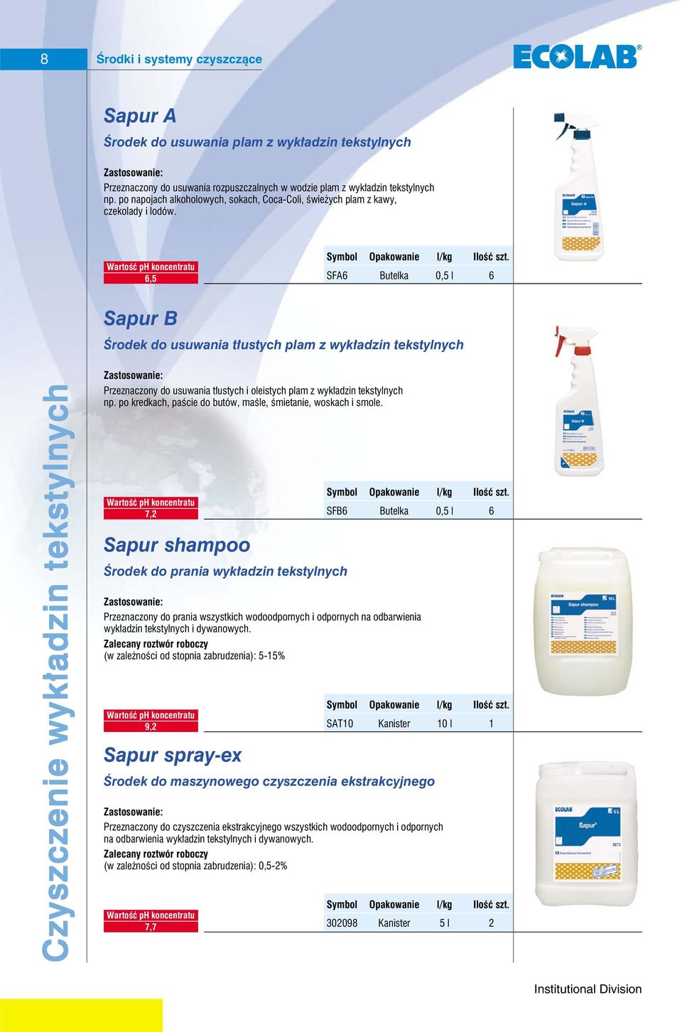 6,5 SFA6 Butelka 0,5 l 6 Sapur B Środek do usuwania tłustych plam z wykładzin tekstylnych Czyszczenie wykładzin tekstylnych Przeznaczony do usuwania tłustych i oleistych plam z wykładzin tekstylnych