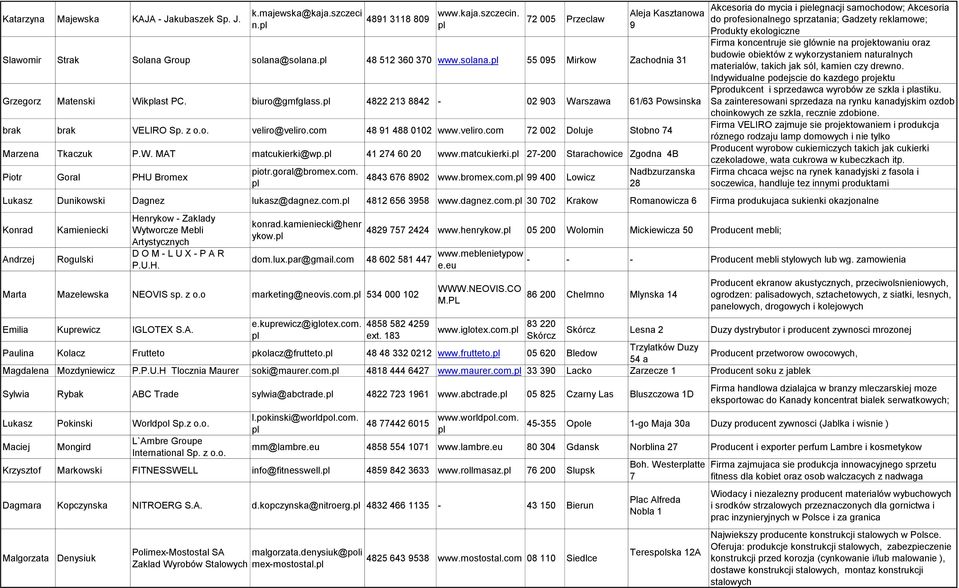 veliro.c 48 91 488 0102 www.veliro.c 72 002 Doluje Stobno 74 Marzena Tkaczuk P.W. MAT matcukierki@wp. 41 274 60 20 www.matcukierki. 27-200 Starachowice Zgodna 4B Piotr Goral PHU Brex piotr.goral@brex.