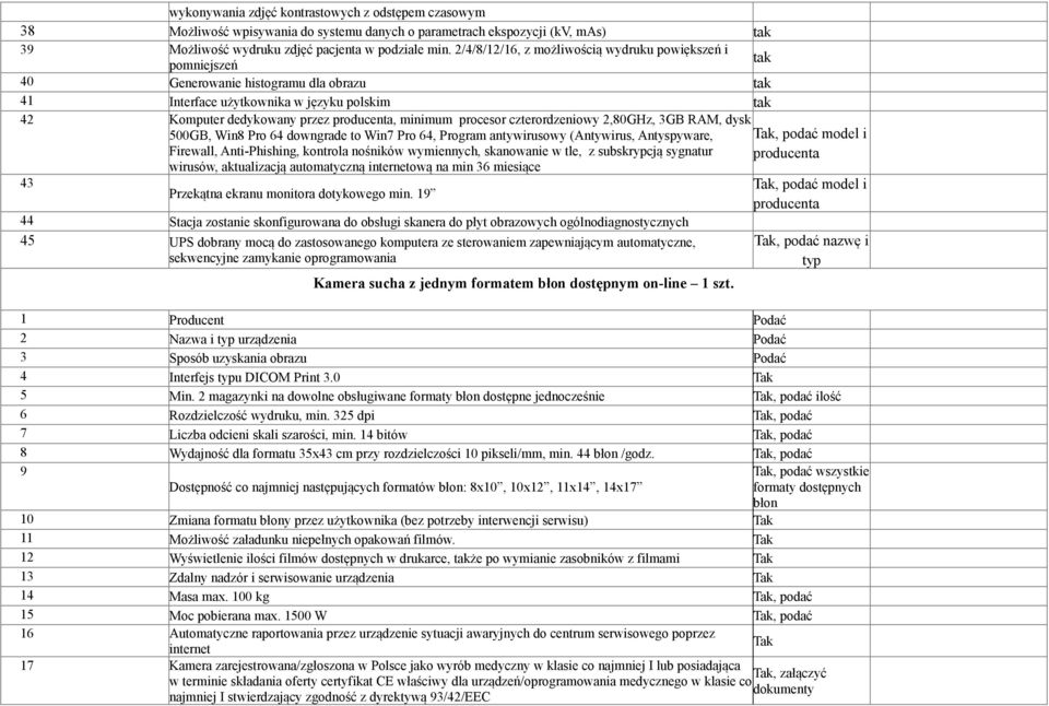 procesor czterordzeniowy 2,80GHz, 3GB RAM, dysk 500GB, Win8 Pro 64 downgrade to Win7 Pro 64, Program antywirusowy (Antywirus, Antyspyware, Firewall, Anti-Phishing, kontrola nośników wymiennych,