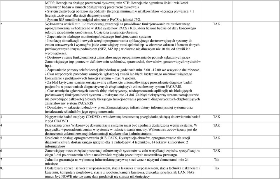 12 miesięcznej gwarancji na prawidłowe funkcjonowanie zainstalowanego oprogramowania wchodzącego w skład systemów PACS i RIS, która liczona będzie od daty końcowego odbioru przedmiotu zamówienia.