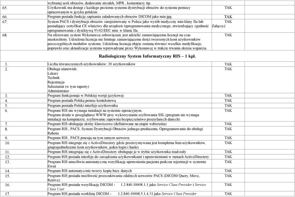 System PACS i dystrybucji obrazów zarejestrowany w Polsce jako wyrób medyczny min klasy IIa lub posiadający certyfikat CE właściwy dla urządzeń /oprogramowania medycznego, stwierdzający zgodność