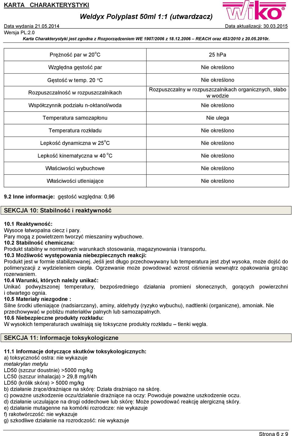 wybuchowe Właściwości utleniające 25 hpa Rozpuszczalny w rozpuszczalnikach organicznych, słabo w wodzie Nie ulega 9.2 Inne informacje: gęstość względna: 0,96 SEKCJA 10: Stabilność i reaktywność 10.