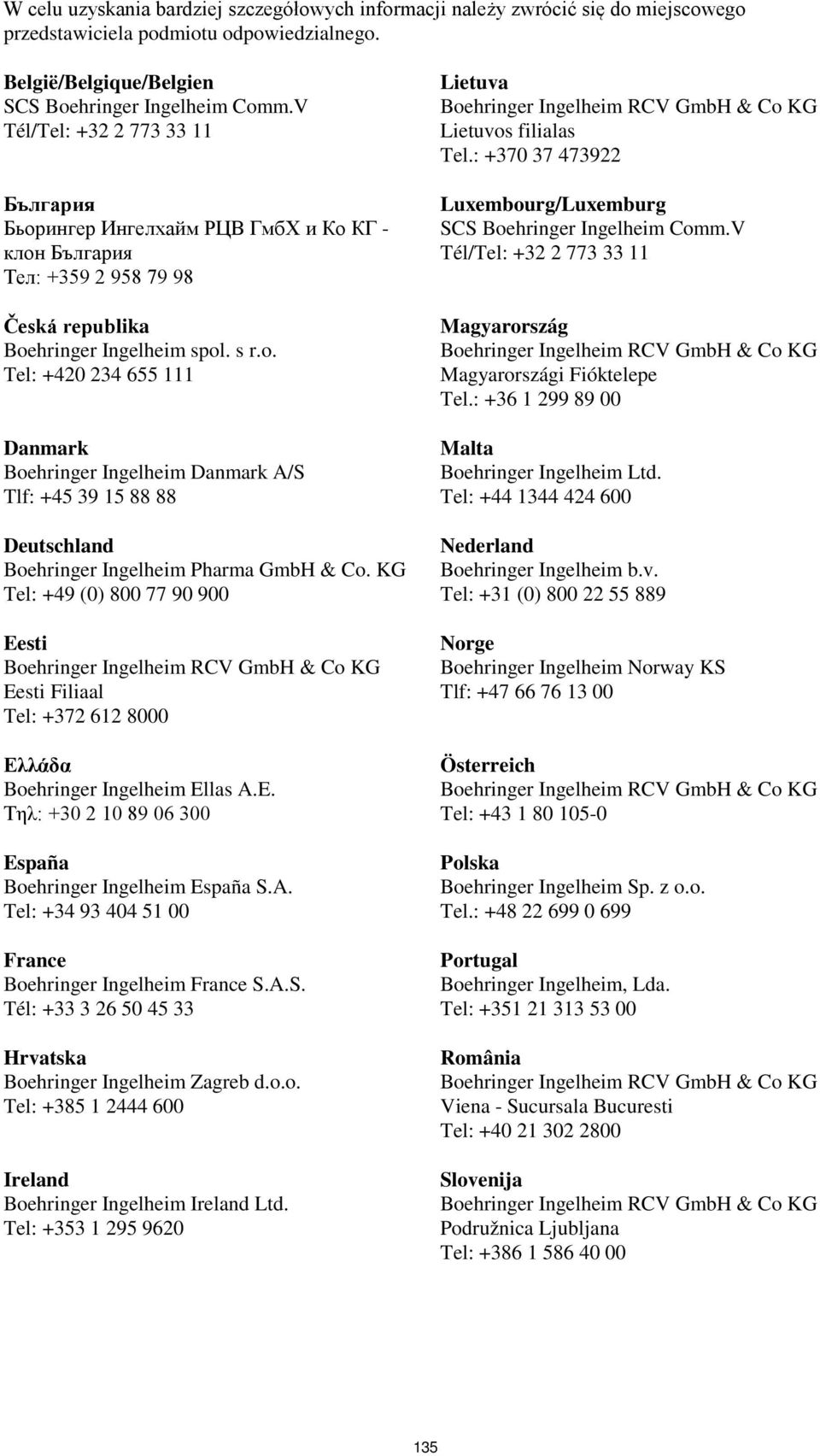 hringer Ingelheim spol. s r.o. Tel: +420 234 655 111 Danmark Boehringer Ingelheim Danmark A/S Tlf: +45 39 15 88 88 Deutschland Boehringer Ingelheim Pharma GmbH & Co.