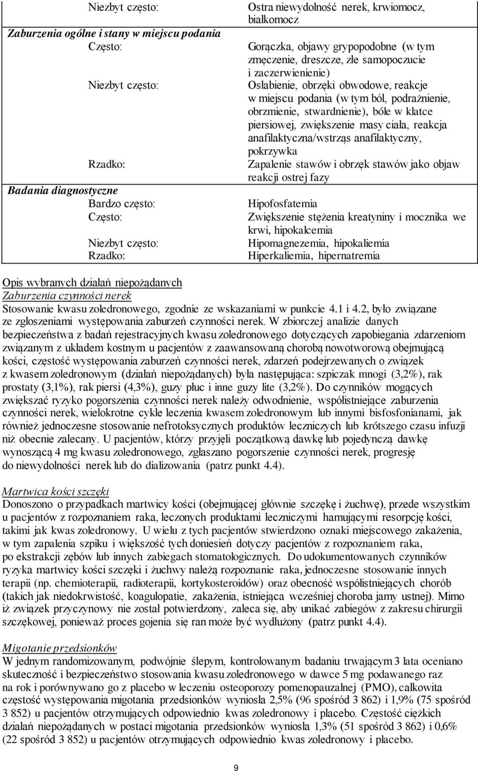 ciała, reakcja anafilaktyczna/wstrząs anafilaktyczny, pokrzywka Zapalenie stawów i obrzęk stawów jako objaw reakcji ostrej fazy Hipofosfatemia Zwiększenie stężenia kreatyniny i mocznika we krwi,