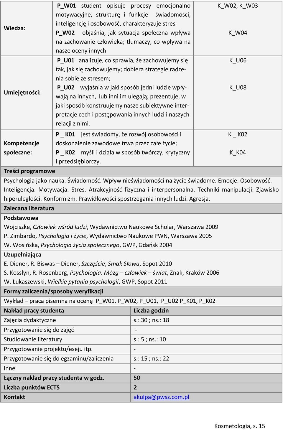 strategie radzenia sobie ze stresem; P_U02 wyjaśnia w jaki sposób jedni ludzie wpływają na innych, lub inni im ulegają; prezentuje, w jaki sposób konstruujemy nasze subiektywne interpretacje cech i