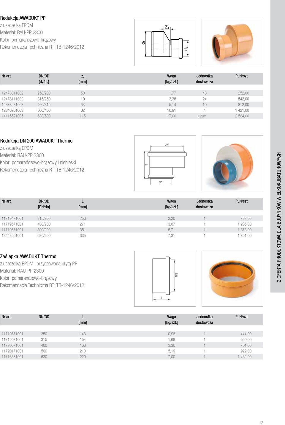 luzem 2 564,00 Redukcja DN 200 AWADUKT Thermo z uszczelką EPDM Kolor: pomarańczowo-brązowy i niebieski Nr art. DN/OD L Waga Jednostka PLN/szt. [DN/dn] [mm] [kg/szt.