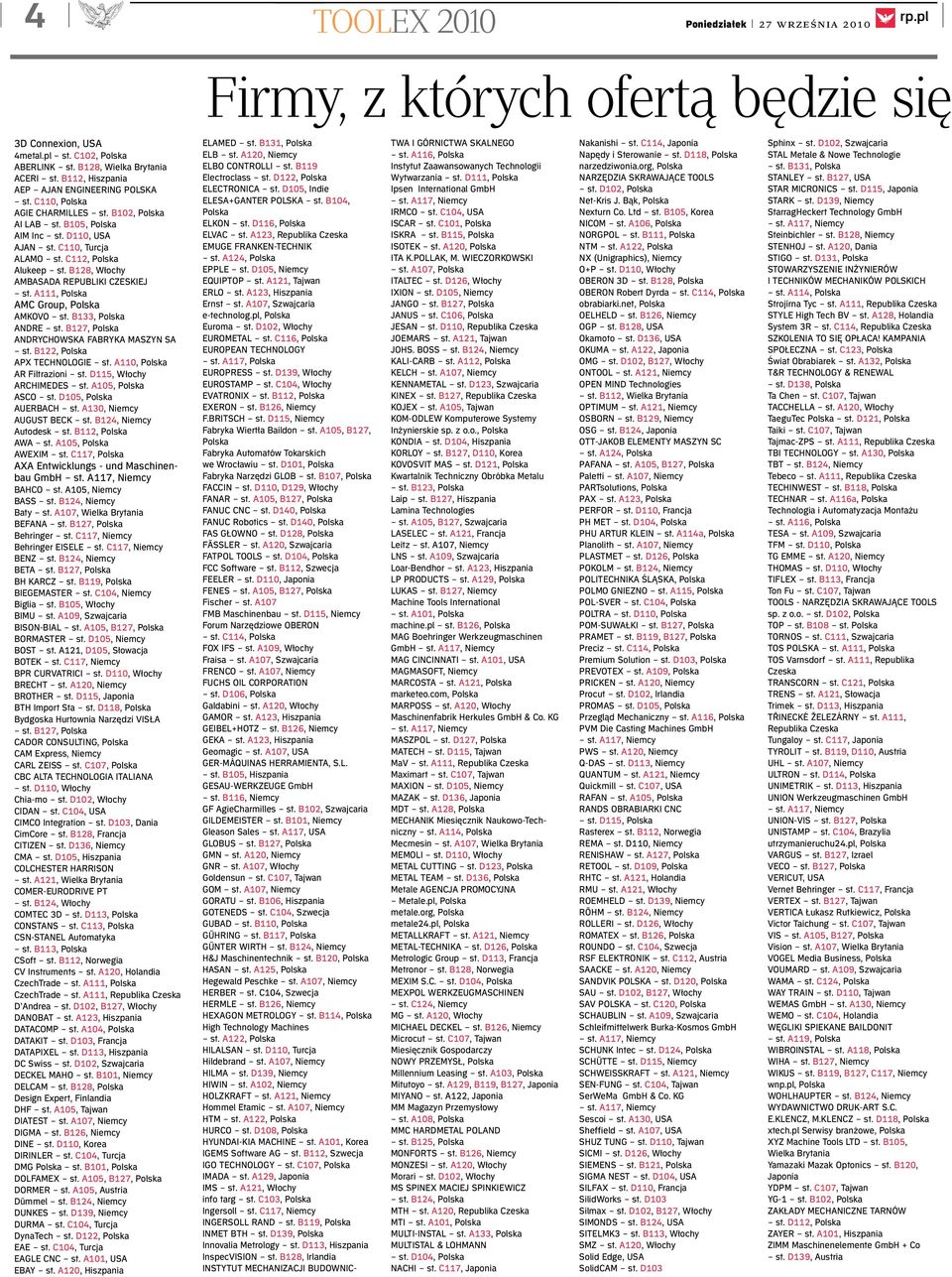 A111, Polska AMC Group, Polska AMKOVO st. B133, Polska ANDRE st. B127, Polska ANDRYCHOWSKA FABRYKA MASZYN SA st. B122, Polska APX TECHNOLOGIE st. A110, Polska AR Filtrazioni st.