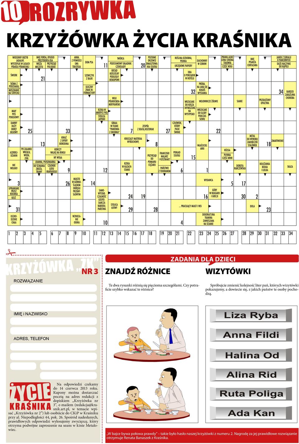 Imię i Nazwisko Adres, telefon Na odpowiedzi czekamy do 14 czerwca 2013 roku. Kupony można dostarczać pocztą na adres redakcji z dopiskiem Krzyżówka nr 3, e-mailem (redakcja@krasnik.art.