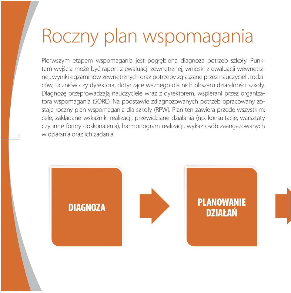 dotyczące ważnego dla nich obszaru działalności szkoły. Diagnozę przeprowadzają nauczyciele wraz z dyrektorem, wspierani przez organizatora wspomagania (SORE).