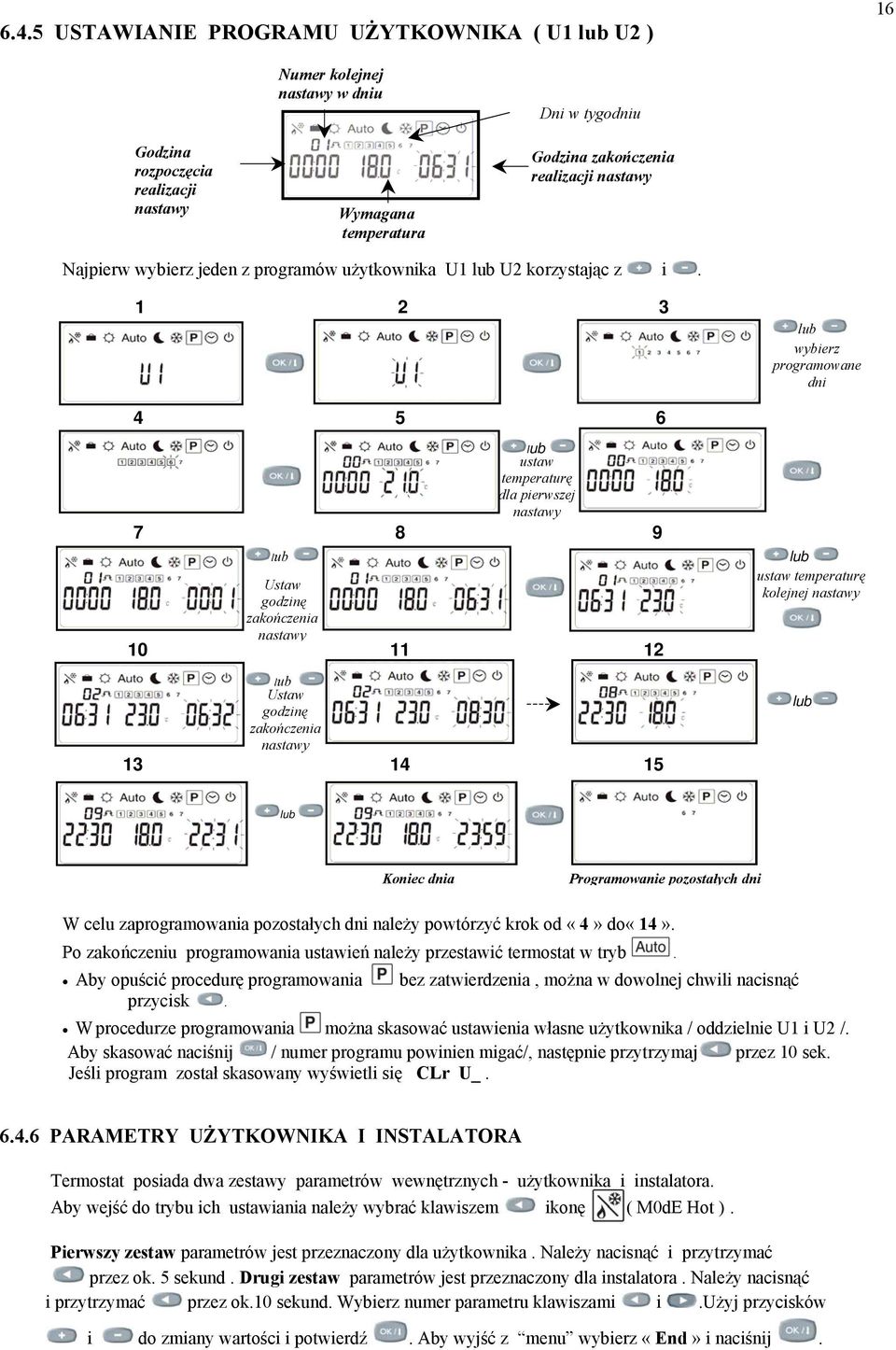 3 lub wybierz programowane dni 5 6 7 8 9 lub Ustaw godzinę zakończenia nastawy lub ustaw temperaturę dla pierwszej nastawy 0 lub Ustaw godzinę zakończenia nastawy 3 5 lub ustaw temperaturę kolejnej