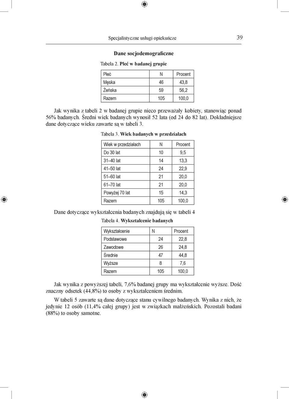 Średni wiek badanych wynosił 52 lata (od 24 do 82 lat). Dokładniejsze dane dotyczące wieku zawarte są w tabeli 3. Tabela 3.