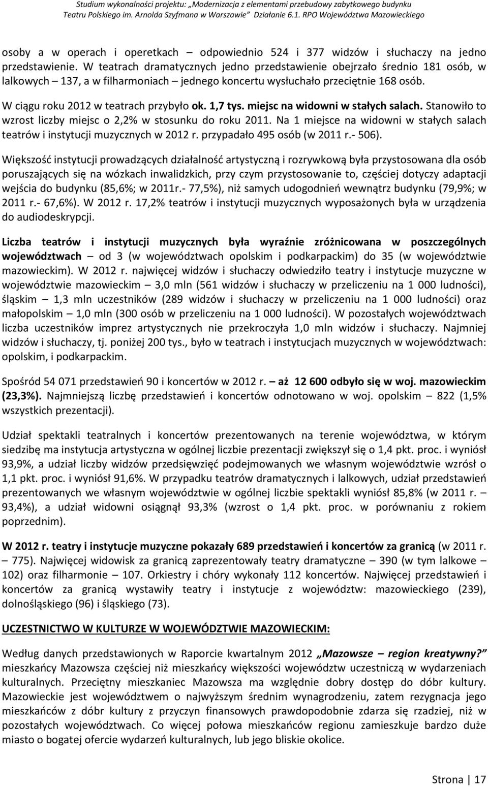 1,7 tys. miejsc na widowni w stałych salach. Stanowiło to wzrost liczby miejsc o 2,2% w stosunku do roku 2011. Na 1 miejsce na widowni w stałych salach teatrów i instytucji muzycznych w 2012 r.