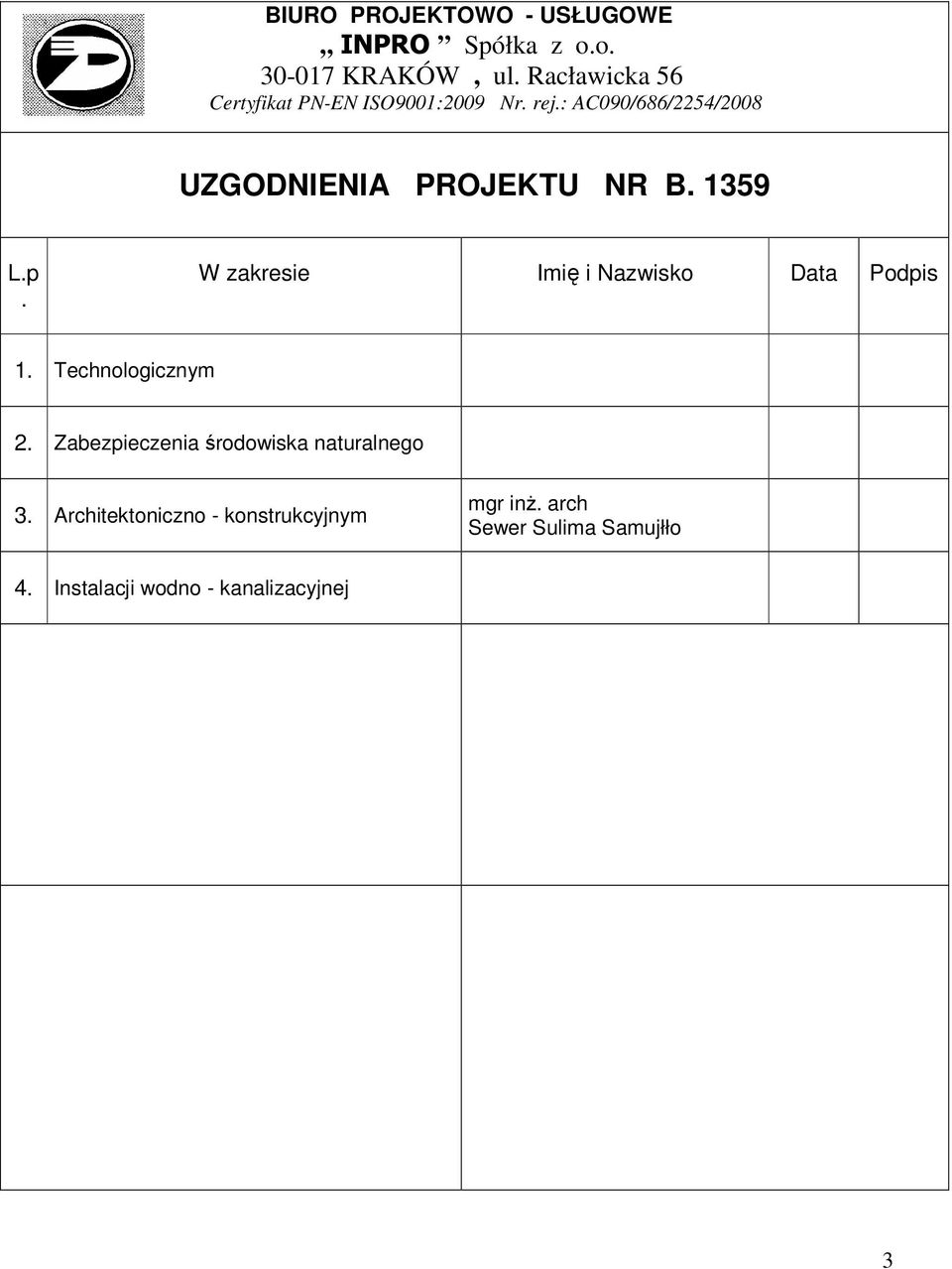 : AC090/686/2254/2008 UZGODNIENIA PROJEKTU NR B. 1359 L.p.