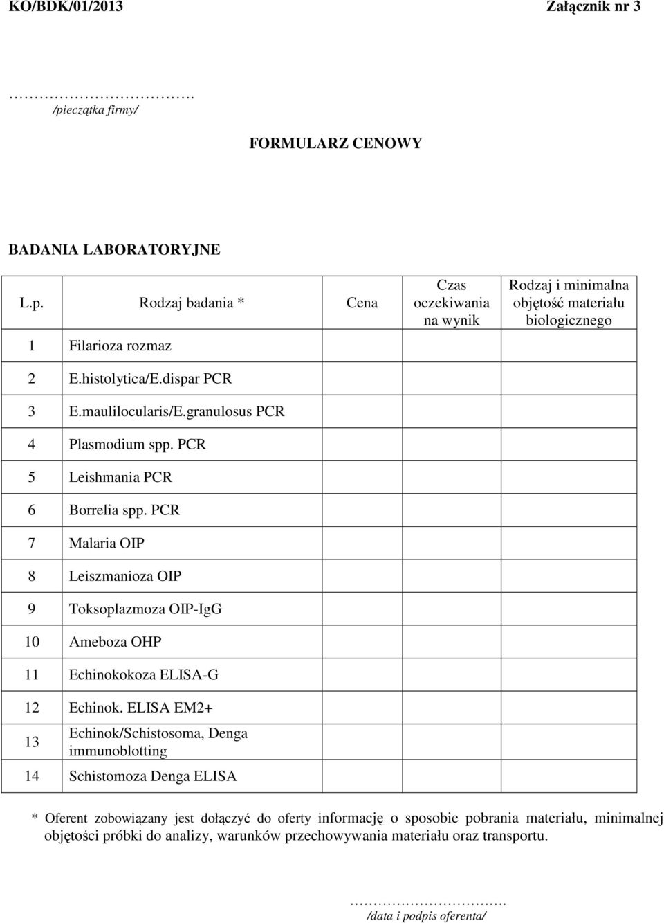 PCR 7 Malaria OIP 8 Leiszmanioza OIP 9 Toksoplazmoza OIP-IgG 10 Ameboza OHP 11 Echinokokoza ELISA-G 12 Echinok.