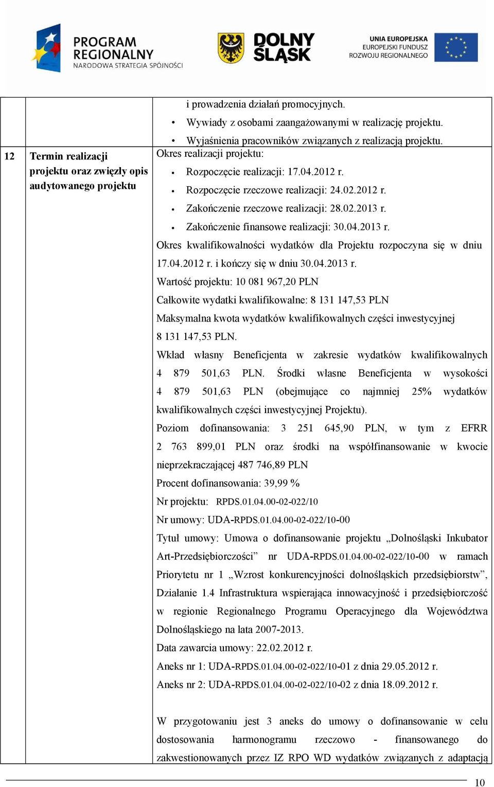 02.2013 r. Zakończenie finansowe realizacji: 30.04.2013 r. Okres kwalifikowalności wydatków dla Projektu rozpoczyna się w dniu 17.04.2012 r. i kończy się w dniu 30.04.2013 r. Wartość projektu: 10 081 967,20 PLN Całkowite wydatki kwalifikowalne: 8 131 147,53 PLN Maksymalna kwota wydatków kwalifikowalnych części inwestycyjnej 8 131 147,53 PLN.