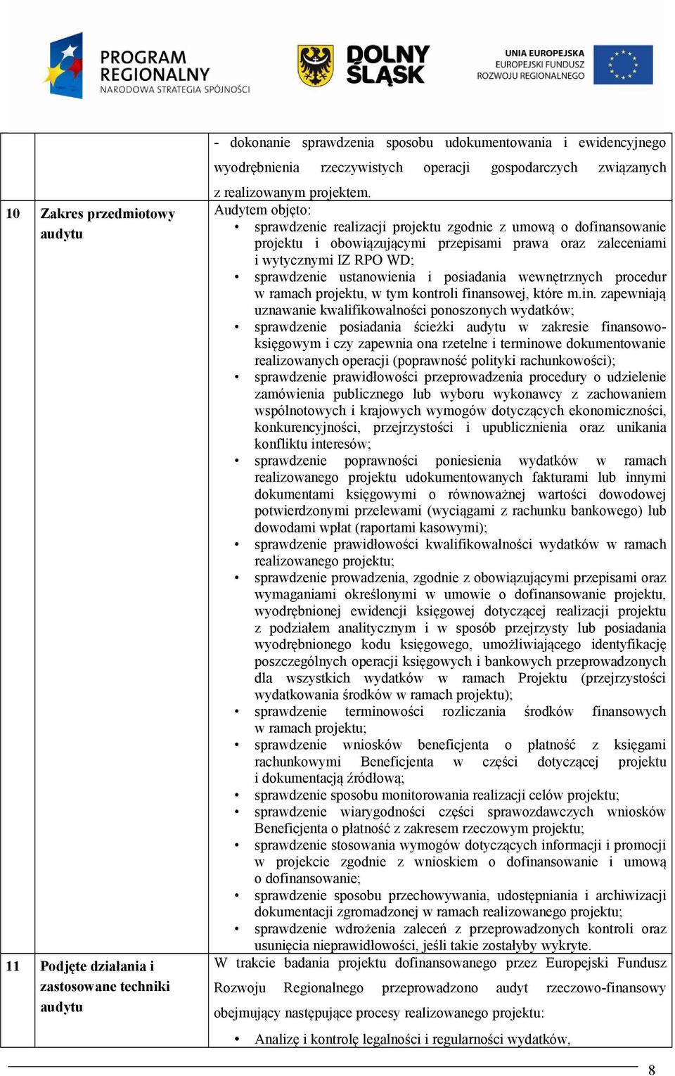 Audytem objęto: sprawdzenie realizacji projektu zgodnie z umową o dofinansowanie projektu i obowiązującymi przepisami prawa oraz zaleceniami i wytycznymi IZ RPO WD; sprawdzenie ustanowienia i