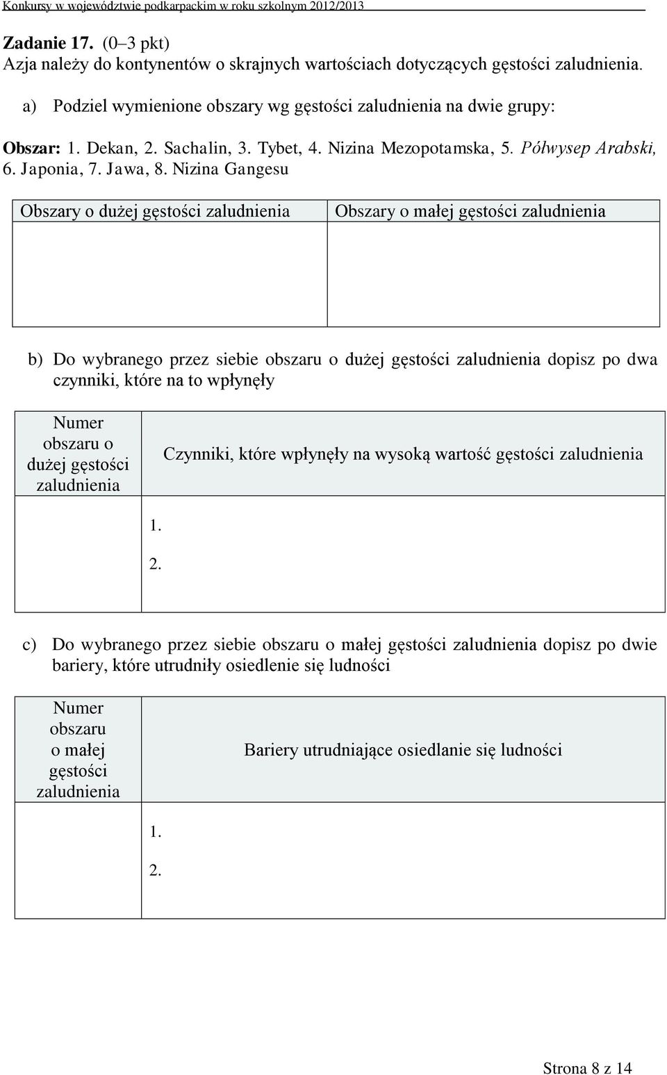 Nizina Gangesu Obszary o dużej gęstości zaludnienia Obszary o małej gęstości zaludnienia b) Do wybranego przez siebie obszaru o dużej gęstości zaludnienia dopisz po dwa czynniki, które na to wpłynęły