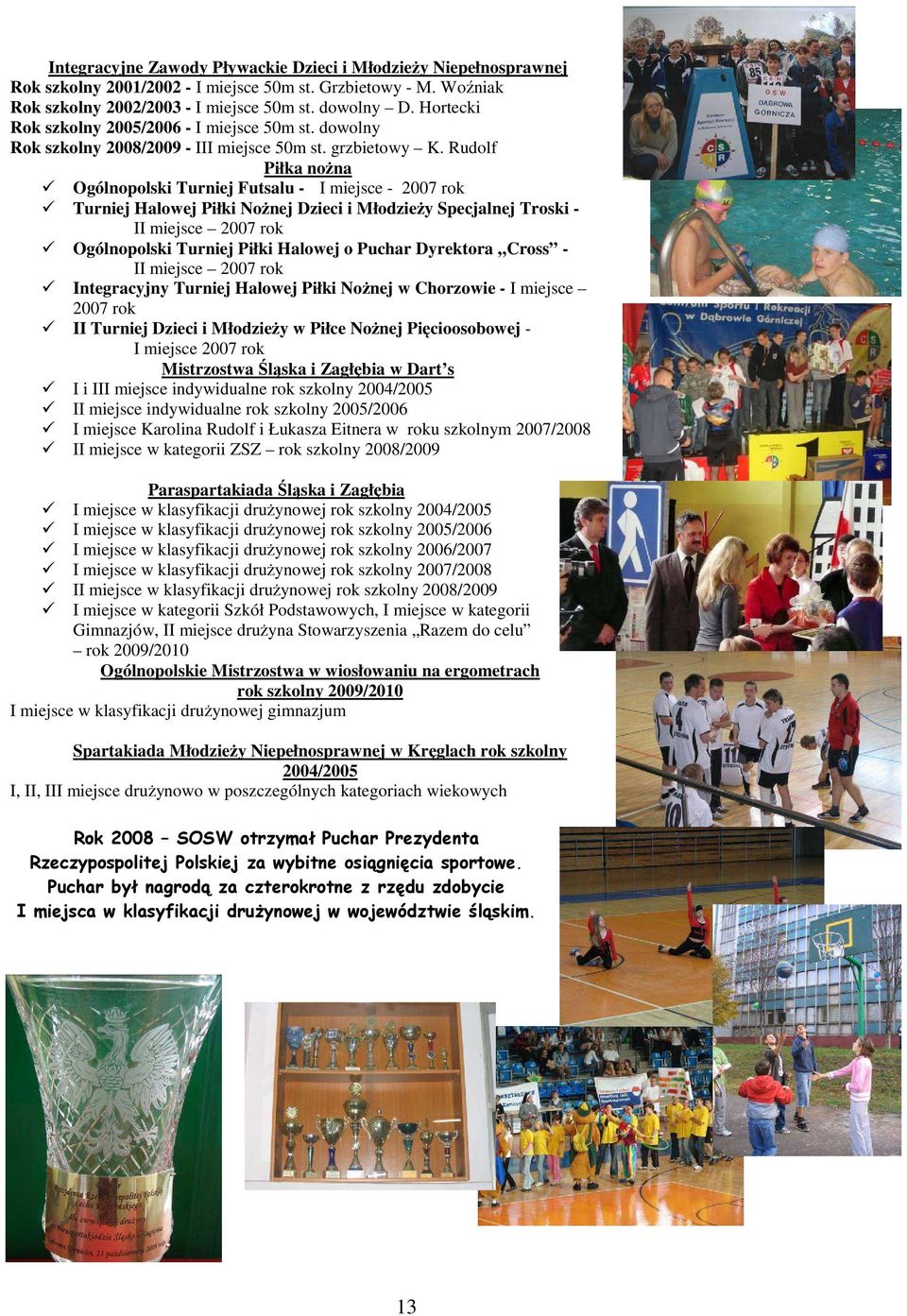 Rudolf Piłka nożna Ogólnopolski Turniej Futsalu - I miejsce - 2007 rok Turniej Halowej Piłki Nożnej Dzieci i Młodzieży Specjalnej Troski - II miejsce 2007 rok Ogólnopolski Turniej Piłki Halowej o