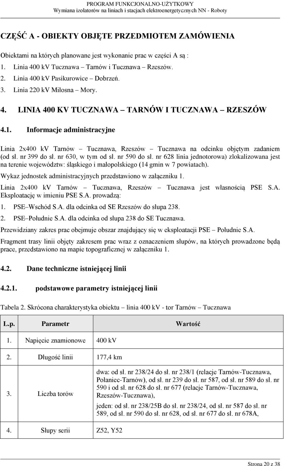 Informacje administracyjne Linia 2x400 kv Tarnów Tucznawa, Rzeszów Tucznawa na odcinku objętym zadaniem (od sł. nr 399 do sł. nr 630, w tym od sł. nr 590 do sł.