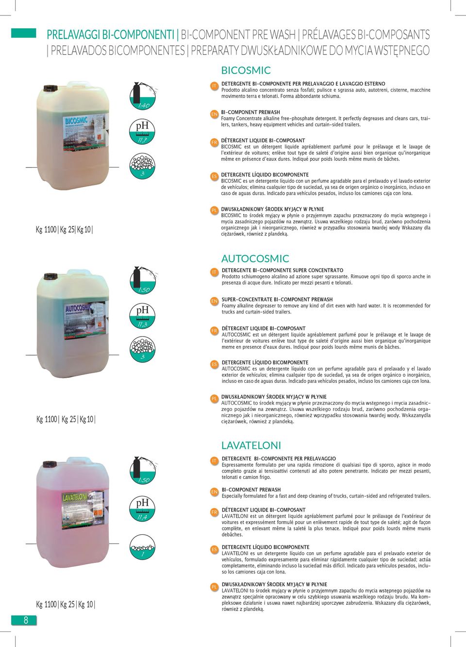BI-COMPONT PREWASH Foamy Concentrate alkaline free-phosphate detergent. It perfectly degreases and cleans cars, trailers, tankers, heavy equipment vehicles and curtain-sided trailers.