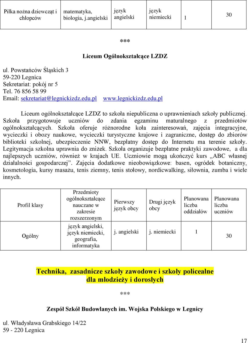 pl www.legnickizdz.edu.pl Liceum ogólnokształcące LZDZ to szkoła niepubliczna o uprawnieniach szkoły publicznej. Szkoła przygotowuje do zdania egzaminu maturalnego z przedmiotów ogólnokształcących.