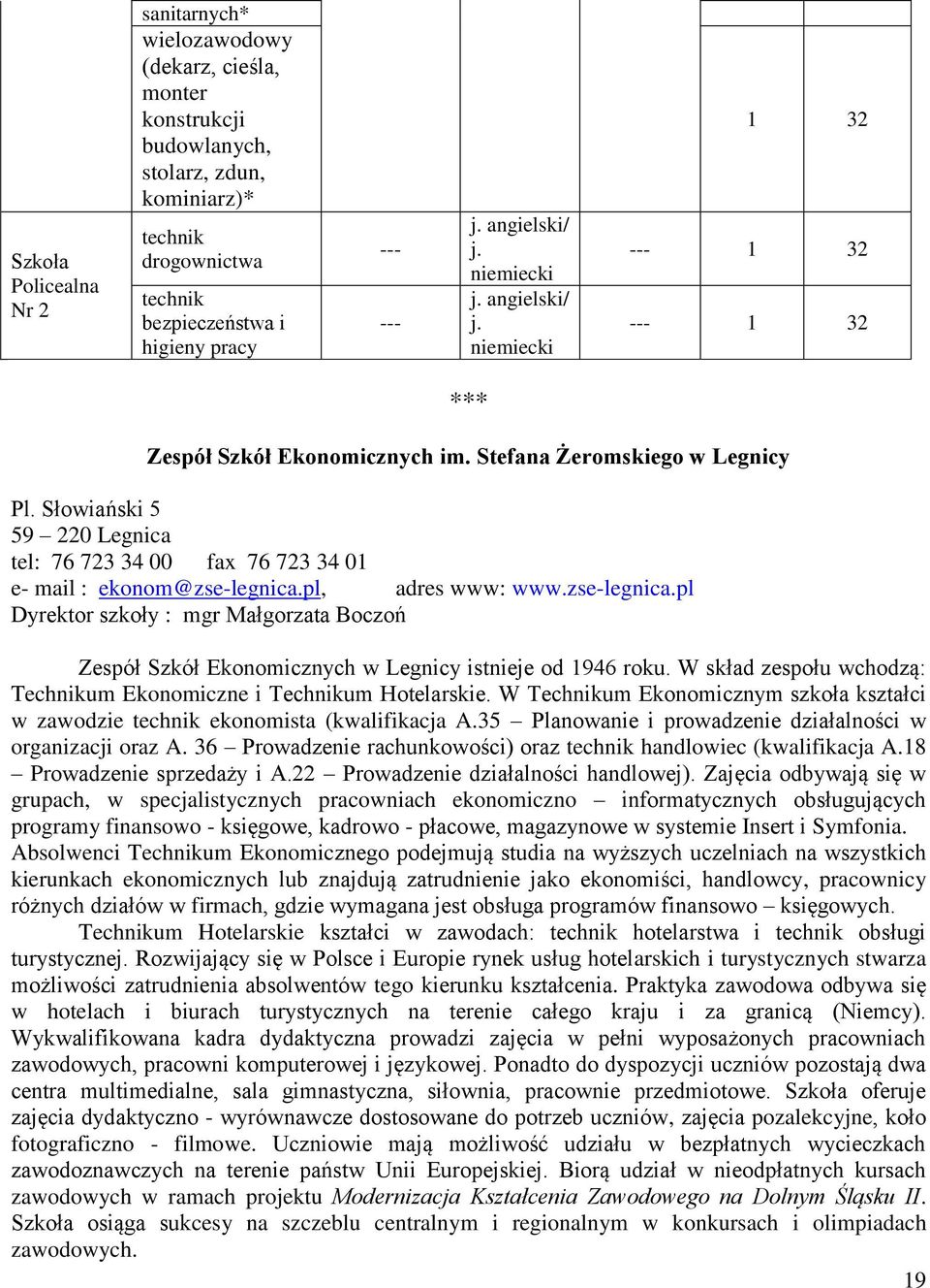 zse-legnica.pl Dyrektor szkoły : mgr Małgorzata Boczoń Zespół Szkół Ekonomicznych w Legnicy istnieje od 1946 roku. W skład zespołu wchodzą: Technikum Ekonomiczne i Technikum Hotelarskie.