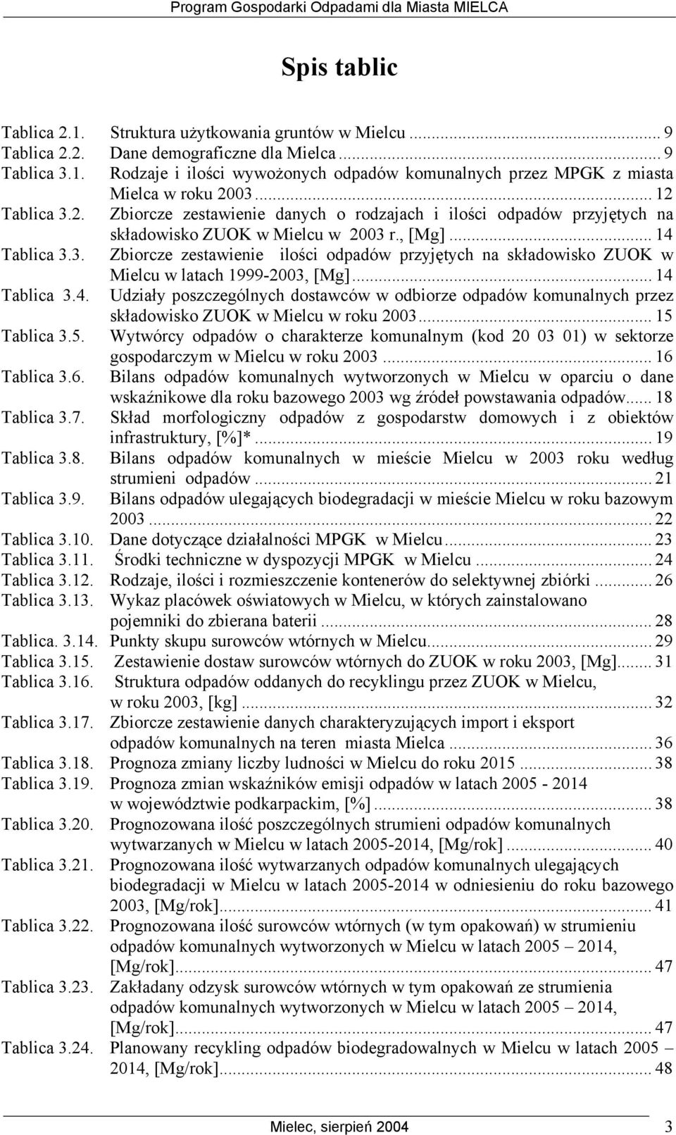 .. 14 Tablica 3.4. Udziały poszczególnych dostawców w odbiorze odpadów komunalnych przez składowisko ZUOK w Mielcu w roku 2003... 15 