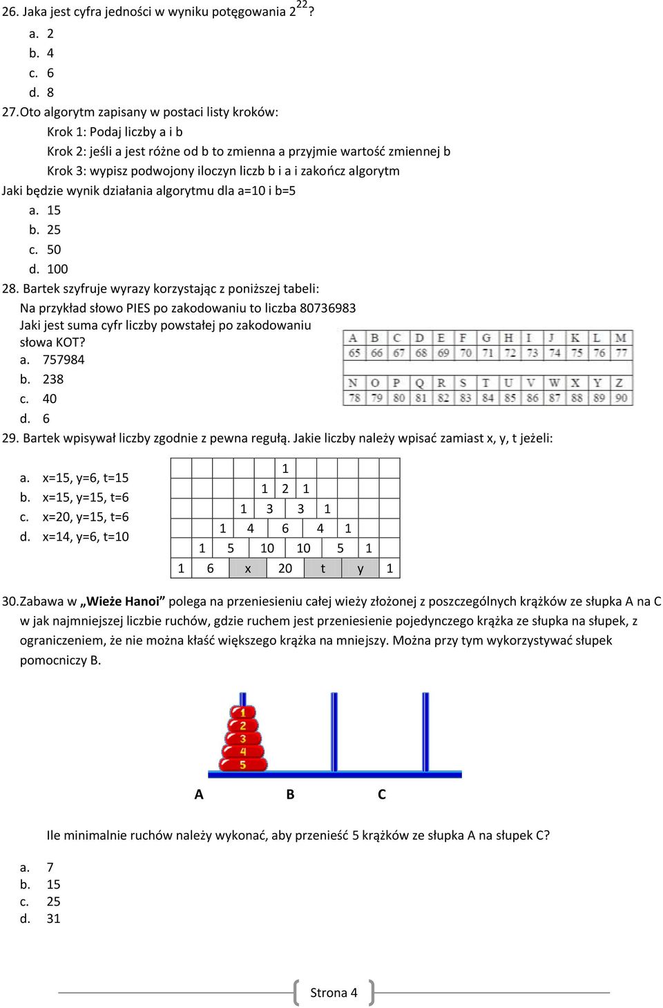 zakończ algorytm Jaki będzie wynik działania algorytmu dla a=10 i b=5 a. 15 b. 25 c. 50 d. 100 28.