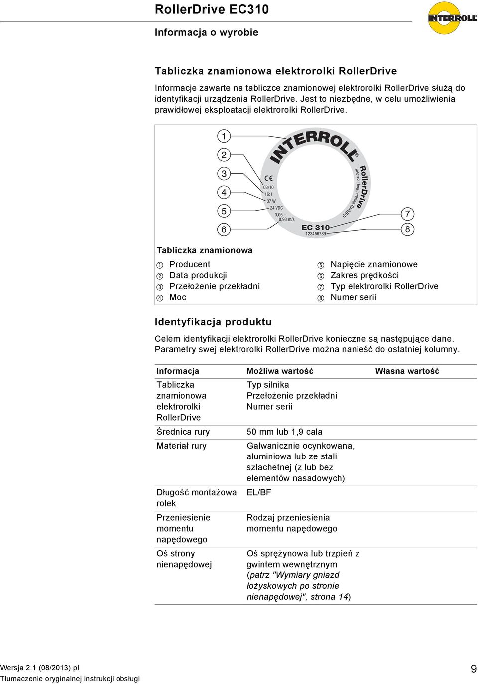 INTERROLL 6 a 03/10 16:1 37 W 24 VDC 0,05 0,98 m/s EC 310 123456789 Interroll Engineering GmbH/D RollerDrive 7 8 Tabliczka znamionowa 1 Producent 2 Data produkcji 3 Przełożenie przekładni 4 Moc 5