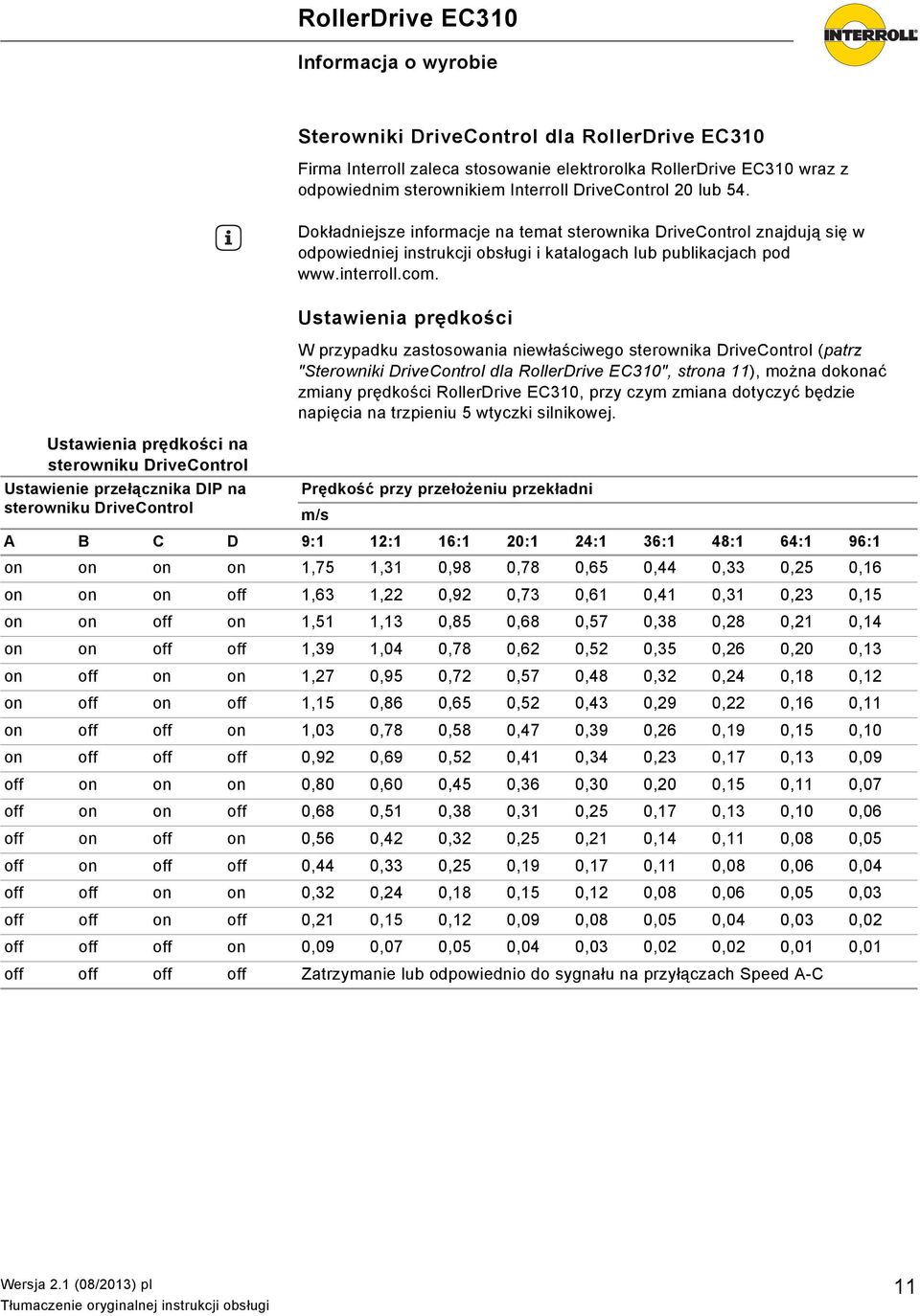 Ustawienia prędkości W przypadku zastosowania niewłaściwego sterownika DriveControl (patrz "Sterowniki DriveControl dla RollerDrive EC310", strona 11), można dokonać zmiany prędkości RollerDrive