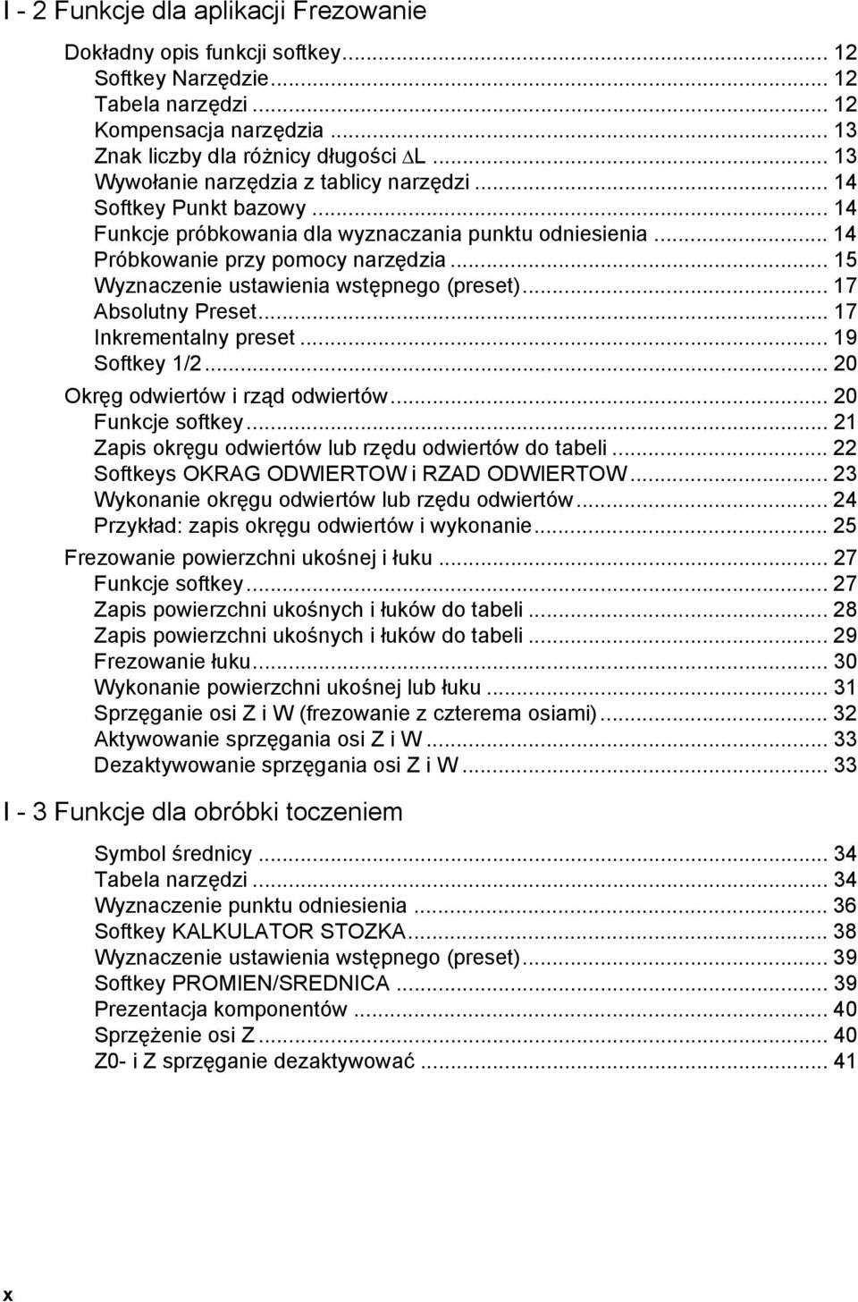 .. 15 Wyznaczenie ustawienia wstępnego (preset)... 17 Absolutny Preset... 17 Inkrementalny preset... 19 Softkey 1/2... 20 Okręg odwiertów i rząd odwiertów... 20 Funkcje softkey.