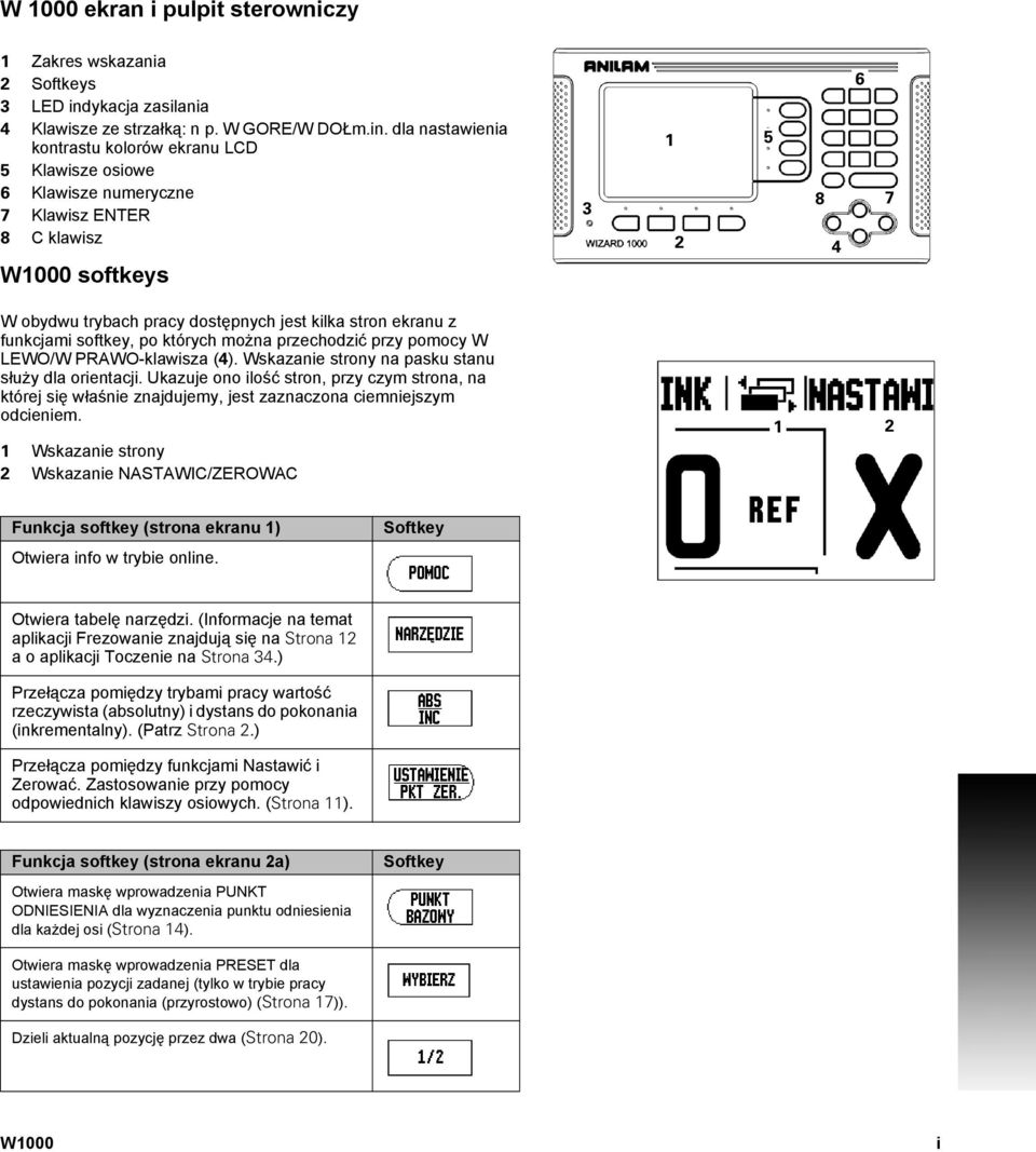 dla nastawienia kontrastu kolorów ekranu LCD 5 Klawisze osiowe 6 Klawisze numeryczne 7 Klawisz ENTER 8 C klawisz 3 1 15 18 12 14 16 17 W1000 softkeys W obydwu trybach pracy dostępnych jest kilka