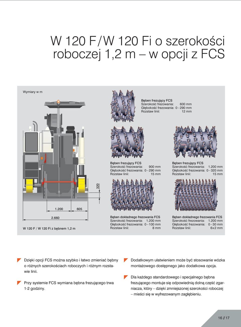 660 W 120 F / W 120 Fi z b bnem 1,2 m B ben dokładnego frezowania FCS SzerokoÊç frezowania: 1.200 mm Gł bokoêç frezowania: 0 100 mm 8 mm B ben dokładnego frezowania FCS SzerokoÊç frezowania: 1.