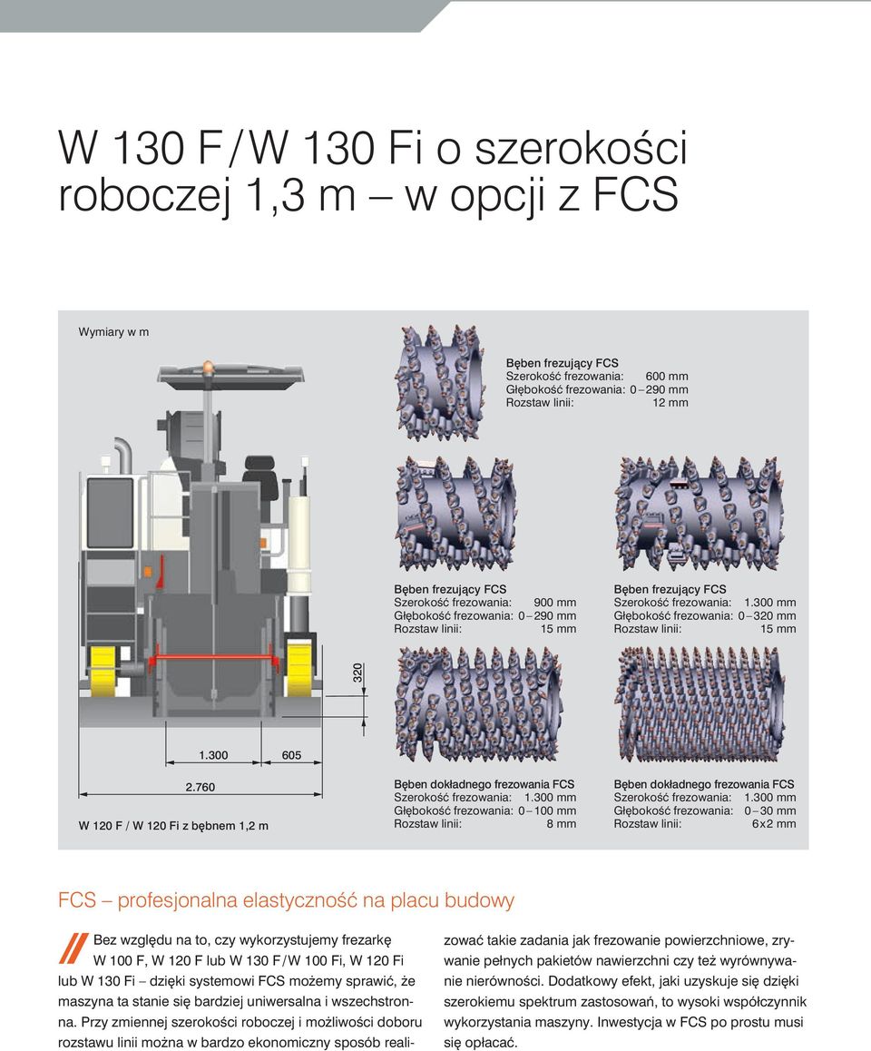 760 W 120 F / W 120 Fi z b bnem 1,2 m B ben dokładnego frezowania FCS SzerokoÊç frezowania: 1.300 mm Gł bokoêç frezowania: 0 100 mm 8 mm B ben dokładnego frezowania FCS SzerokoÊç frezowania: 1.