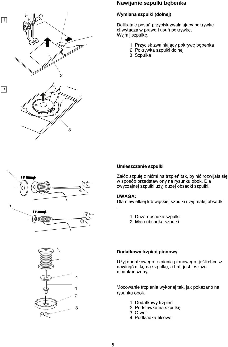 Dla zwyczajnej szpulki użyj dużej obsadki szpulki. UWAGA: Dla niewielkiej lub wąskiej szpulki użyj małej obsadki.