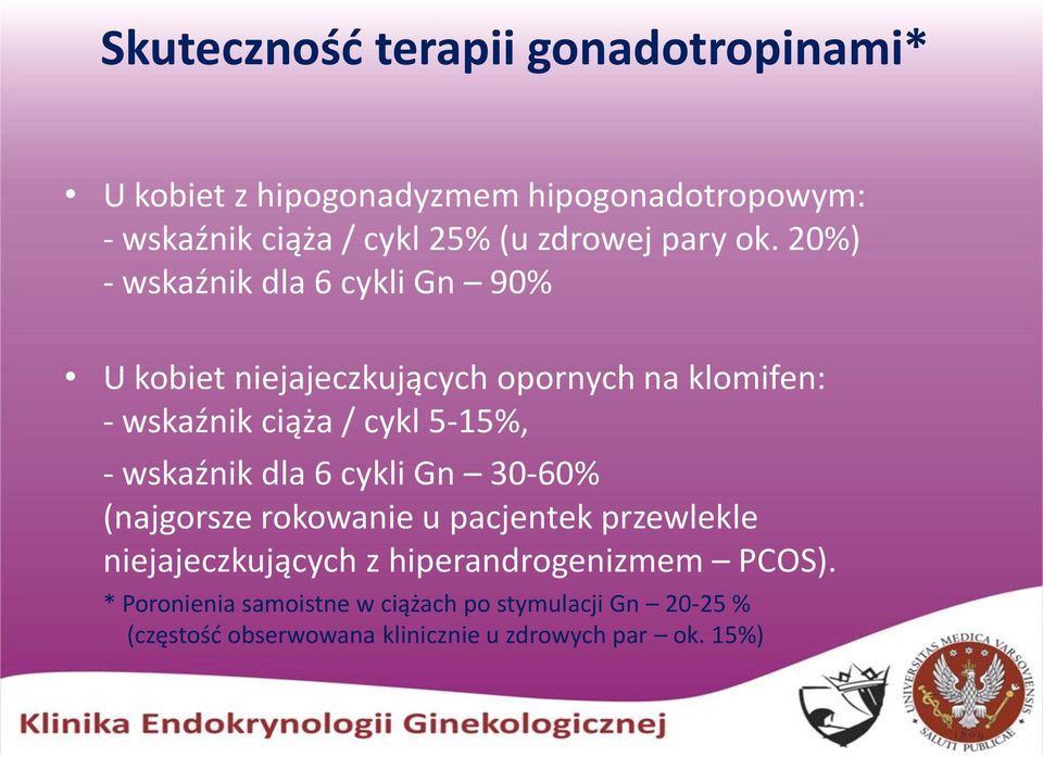 20%) - wskaźnik dla 6 cykli Gn 90% U kobiet niejajeczkujących opornych na klomifen: - wskaźnik ciąża / cykl 5-15%, -