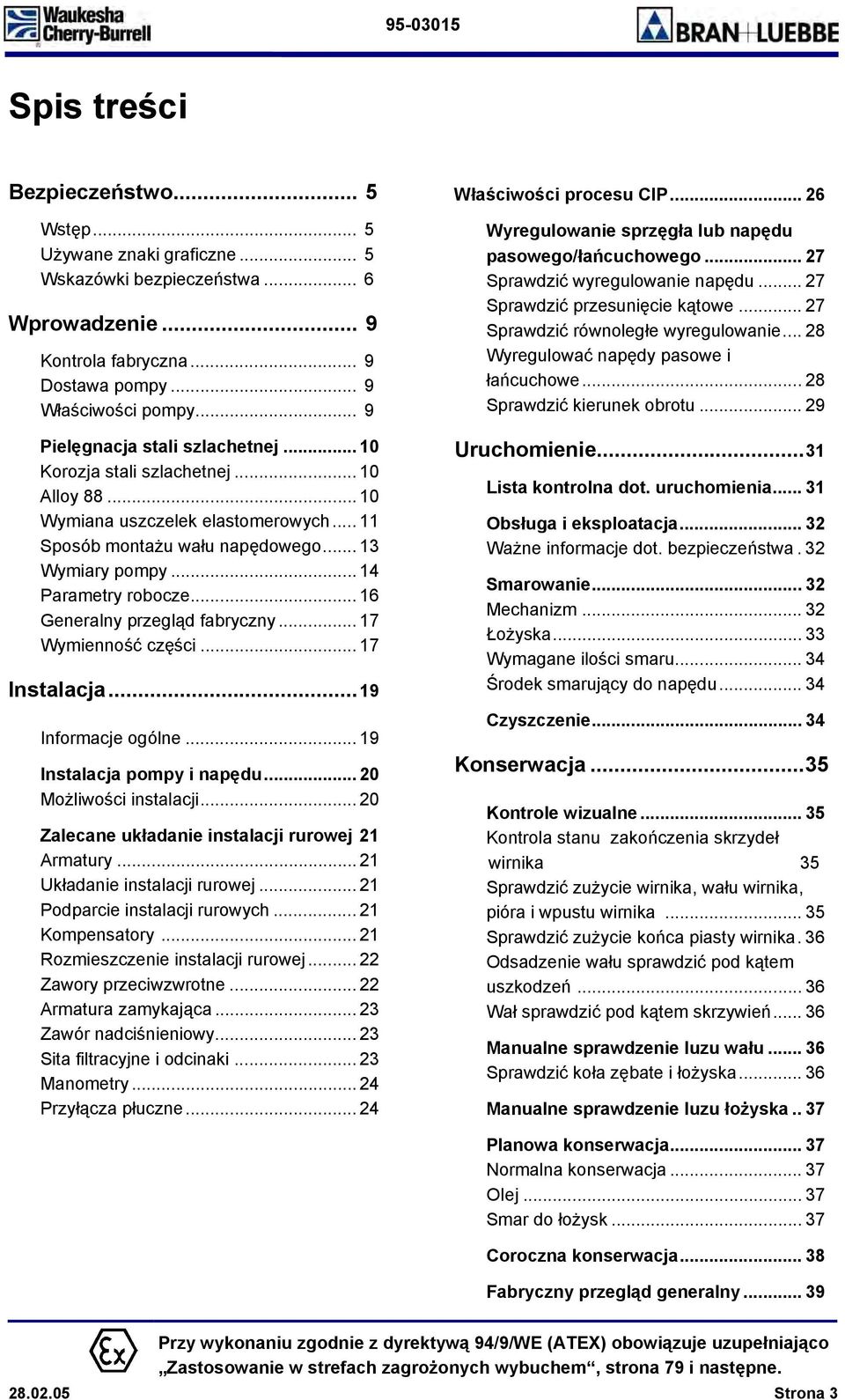 .. 16 Generalny przegląd fabryczny... 17 Wymienność części... 17 Instalacja...19 Informacje ogólne... 19 Instalacja pompy i napędu... 20 Możliwości instalacji.