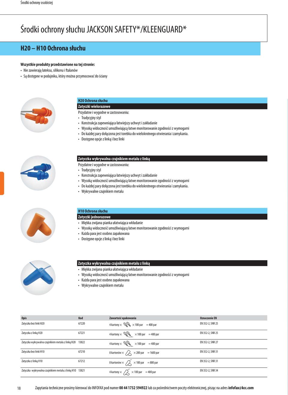 Oznaczenie EN Zatyczka bez linki H20 67220 4 kartony 00 par = 400 par EN 352-2, SNR 25 Zatyczka z linką H20 6722 Zatyczka wykrywalna czujnikiem metalu z linką H20 3822 4 kartony 00 par = 400 par 4